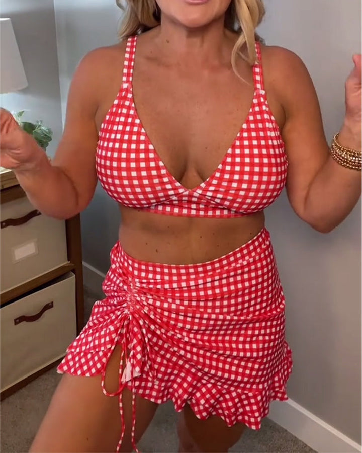 Baddräkt med avslappnat rutigt mönster och tvådelade axelband